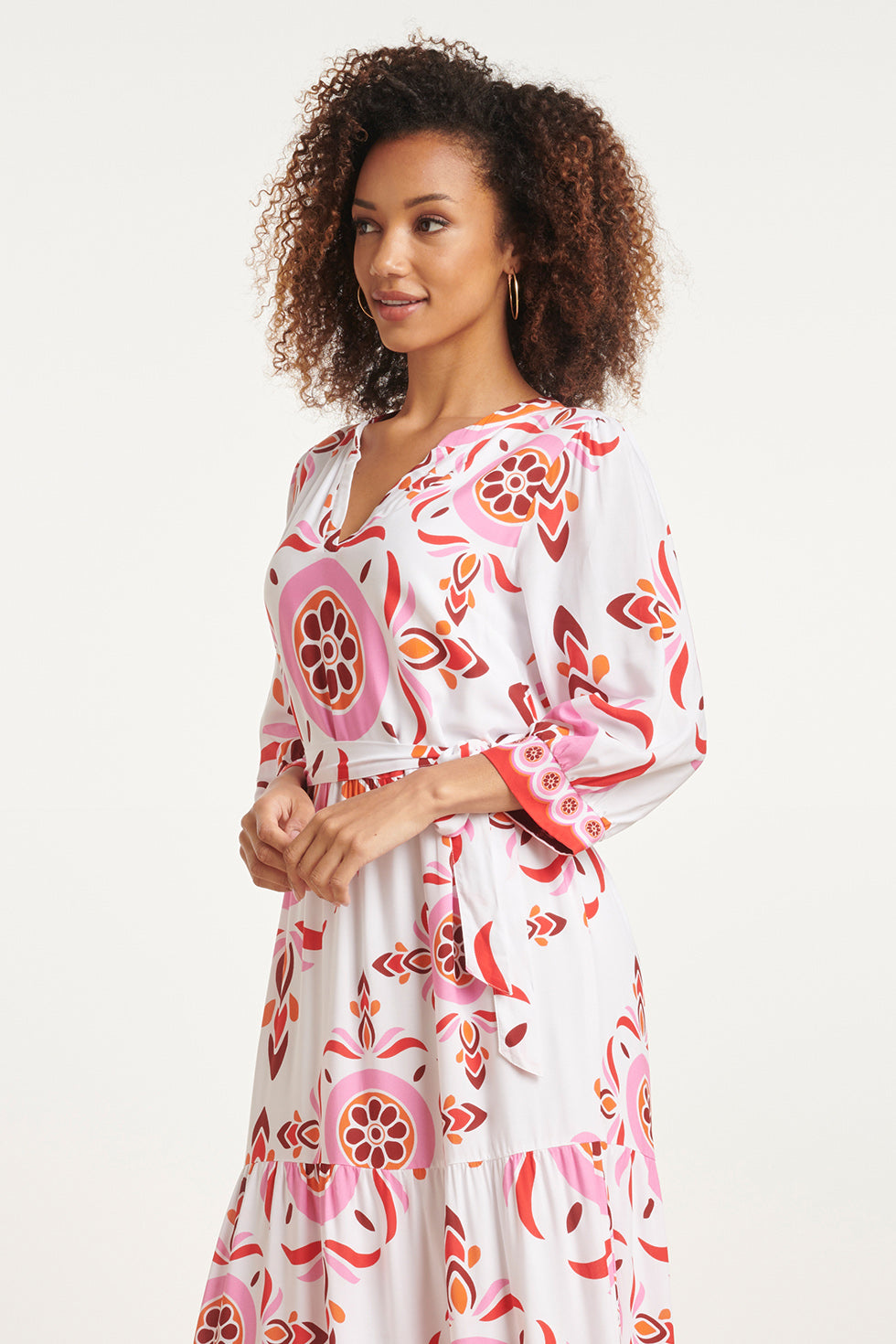 24053 Maxi Jurk Met Diepe V-Hals | White - Muticolour