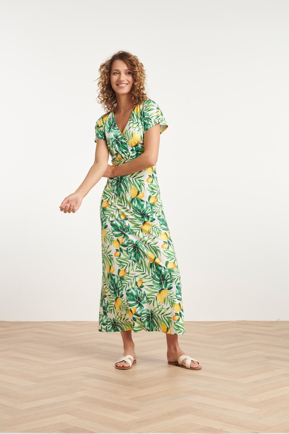 24057 Citroen Bedrukte Maxi Jurk | White - Muticolour