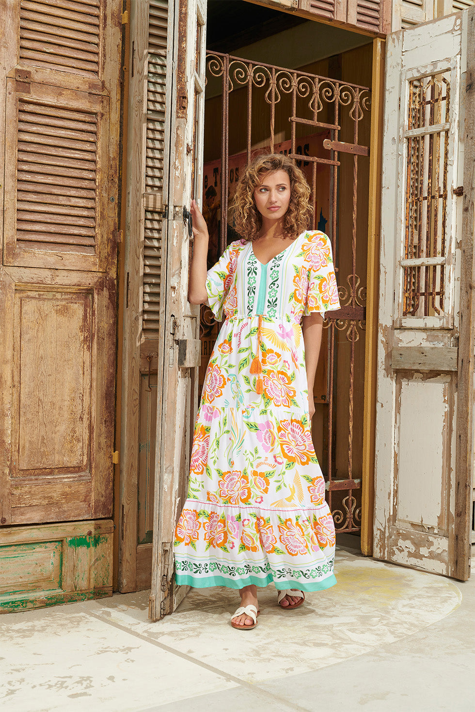24061 Zomer Maxi Jurk Met Bloemenprint | White - Muticolour