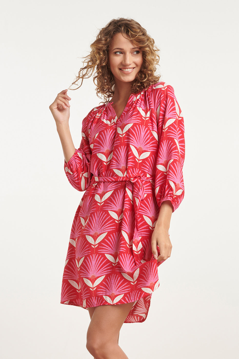 24067 Retro Bloemenprint Jurk Met Knielengte | Red-Pink