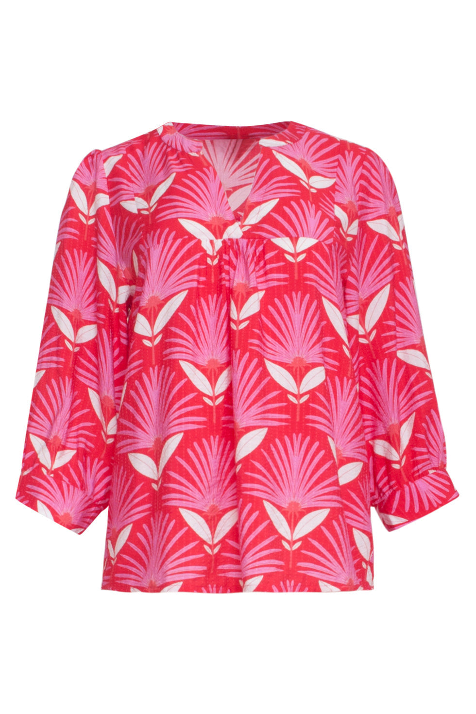 24068 Retro Bloemenprint Top Met 3/4 Mouwen | Red - Pink