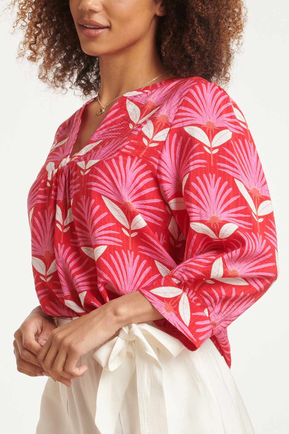 24068 Retro Bloemenprint Top Met 3/4 Mouwen | Red - Pink