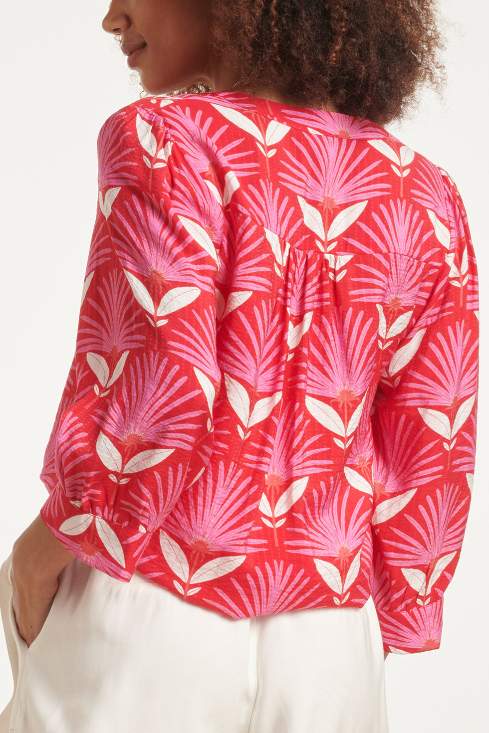 24068 Retro Bloemenprint Top Met 3/4 Mouwen | Red - Pink