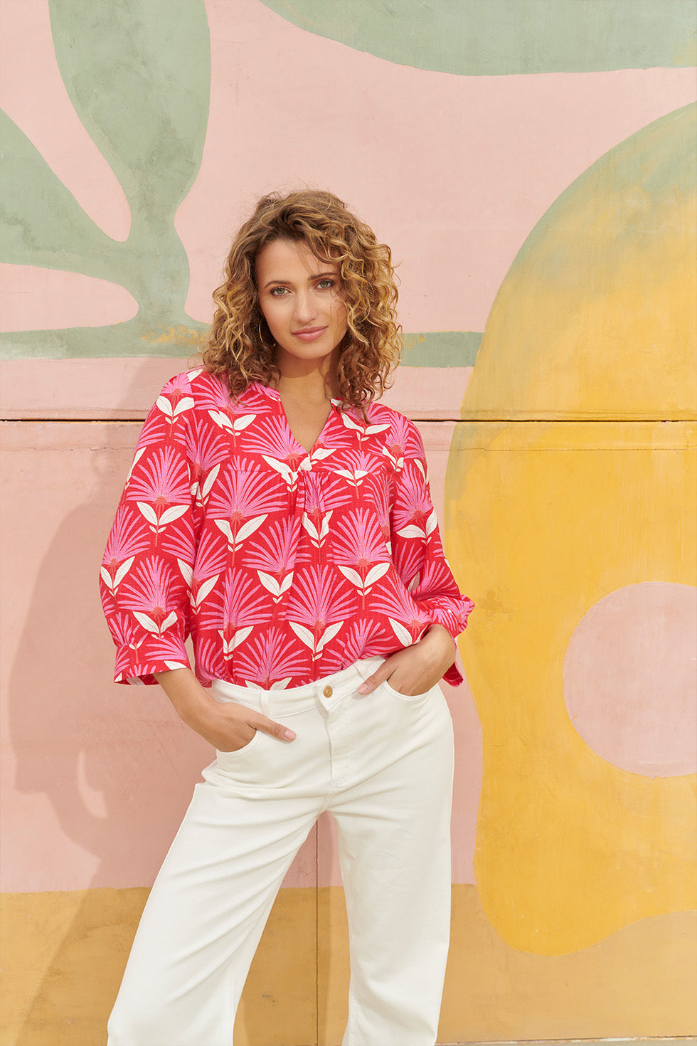 24068 Retro Bloemenprint Top Met 3/4 Mouwen | Red - Pink