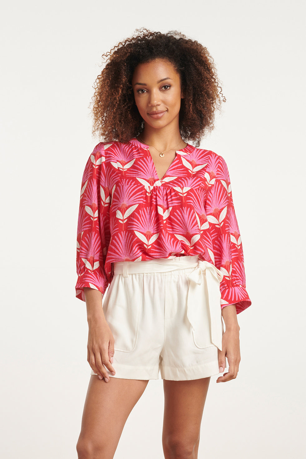 24068 Retro Bloemenprint Top Met 3/4 Mouwen | Red - Pink