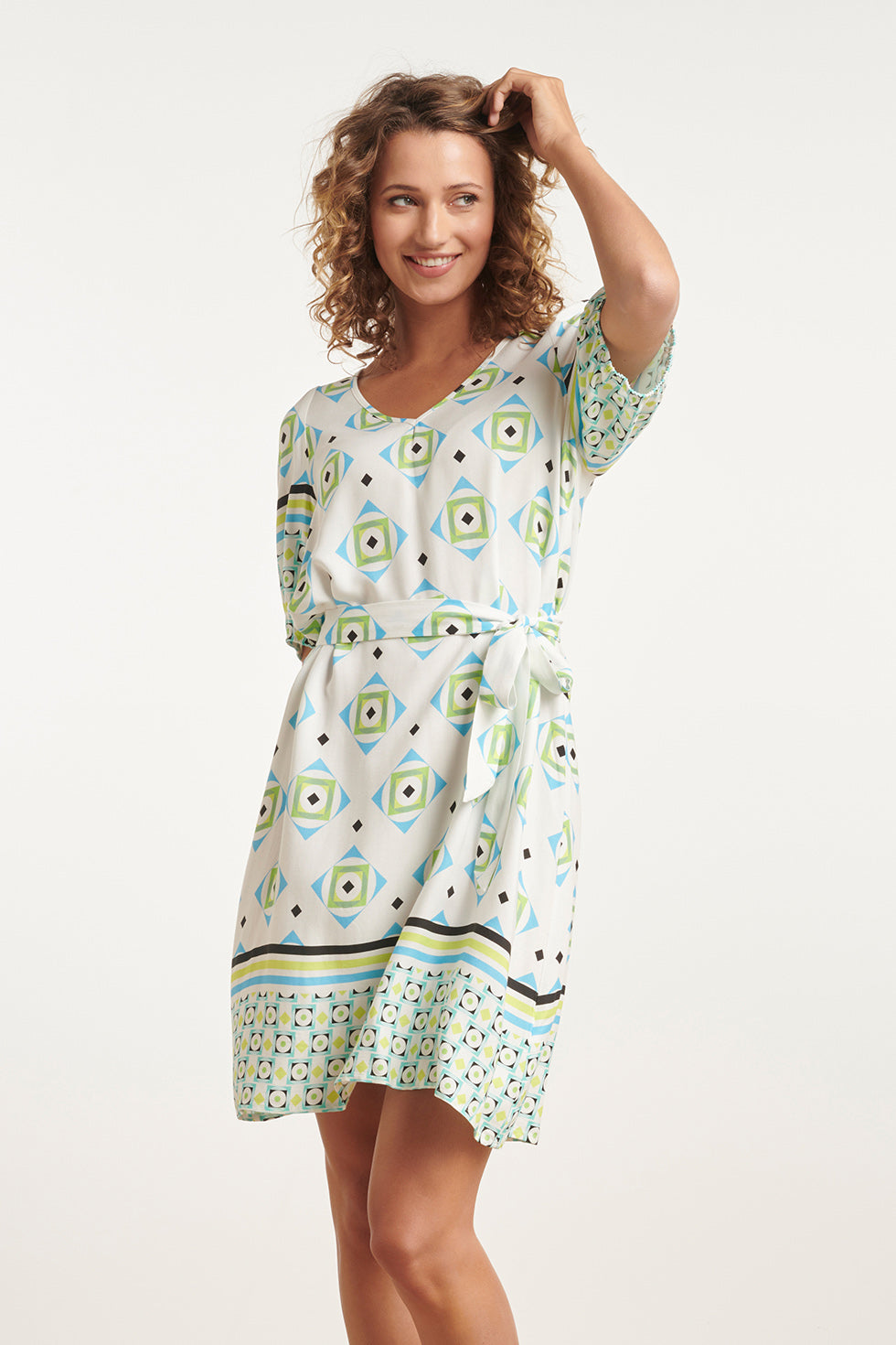 24072 Zomerjurk Met Korte Pofmouwenv-Hals | White - Muticolour