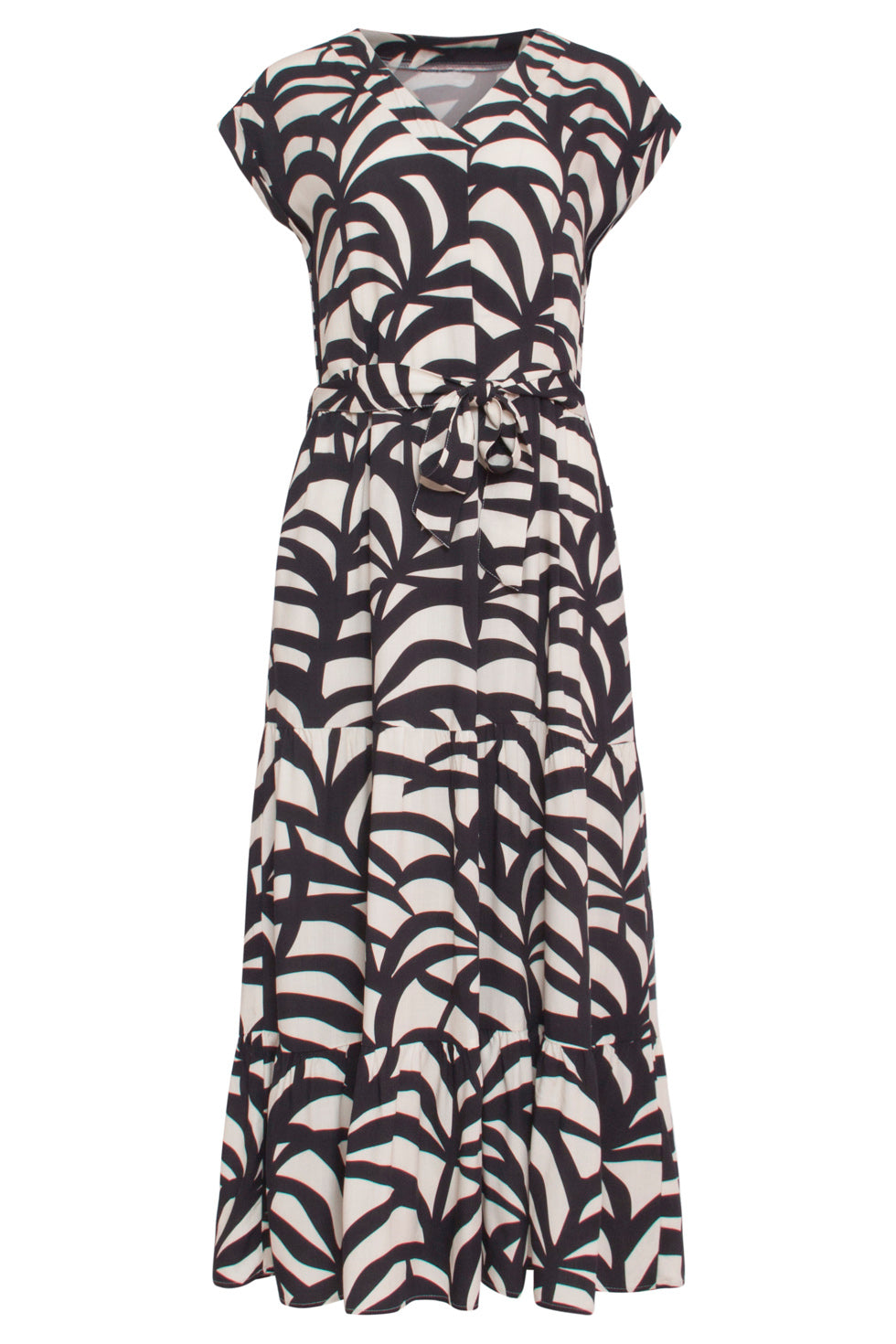 24073 Maxi Jurk Met Grafische Print In Zwart En Sand