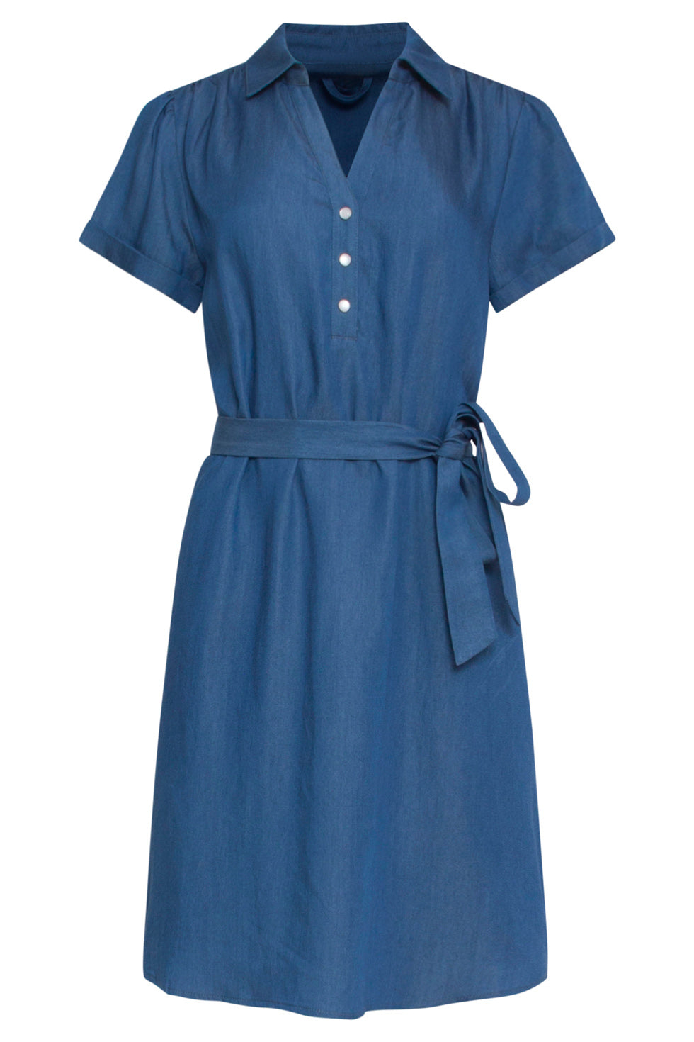 24094 Denim Look Jurk Met V-Halskorte Mouwen | Medium Blue Denim