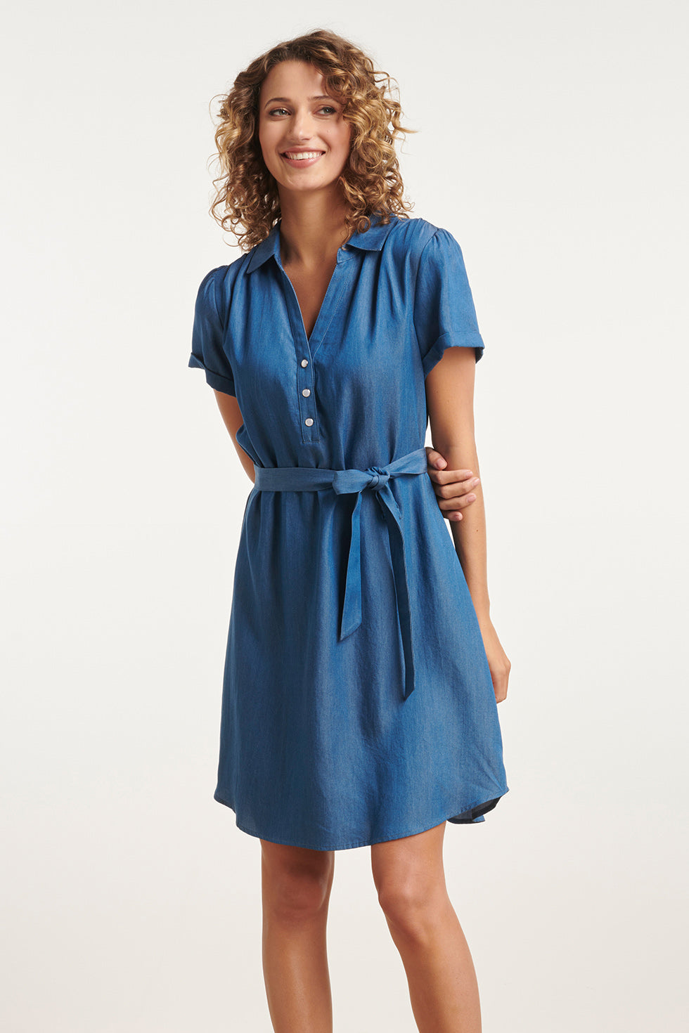 24094 Denim Look Jurk Met V-Halskorte Mouwen | Medium Blue Denim