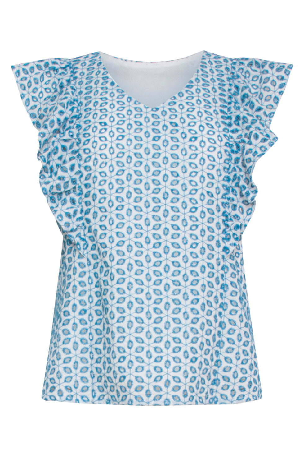 24109 Bloemen Brie Anglaise Zomer Top Met Ruches Hemels | White-Blue