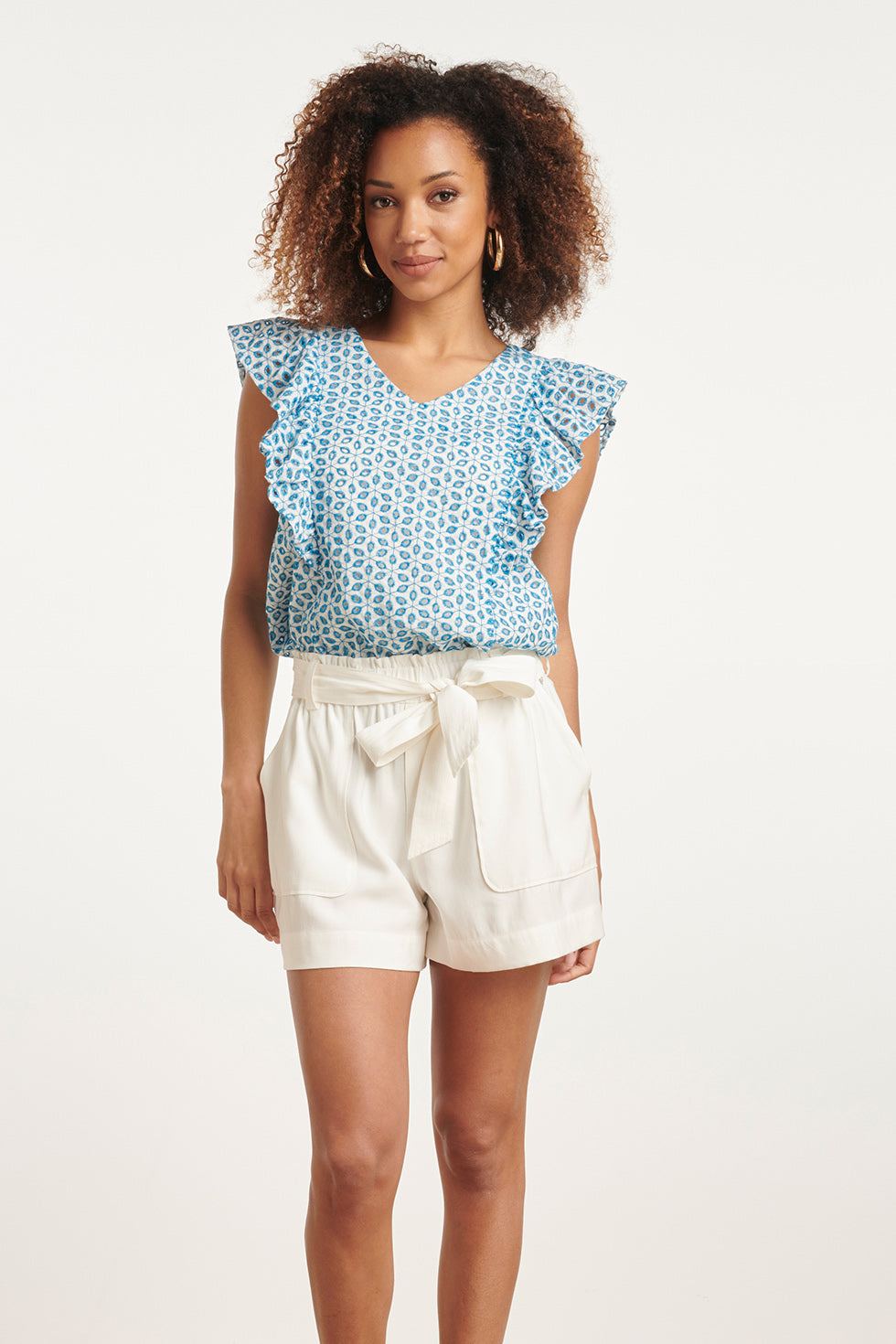 24109 Bloemen Brie Anglaise Zomer Top Met Ruches Hemels | White-Blue