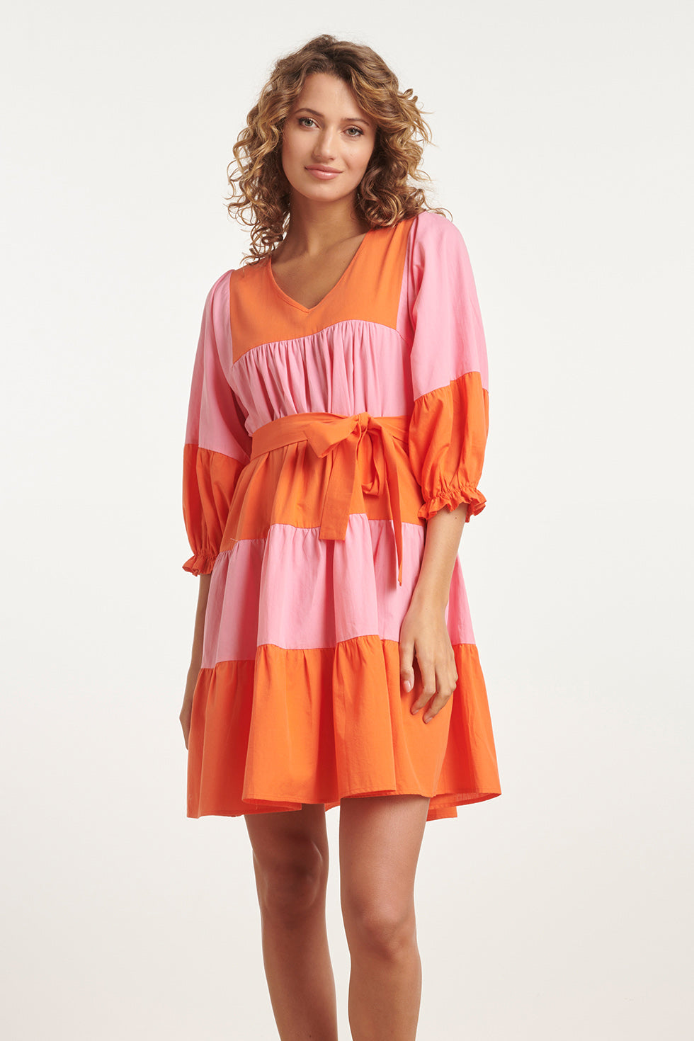 Smashed Lemon 24113 Rijke Blokjes Jurk Pink-Orange
