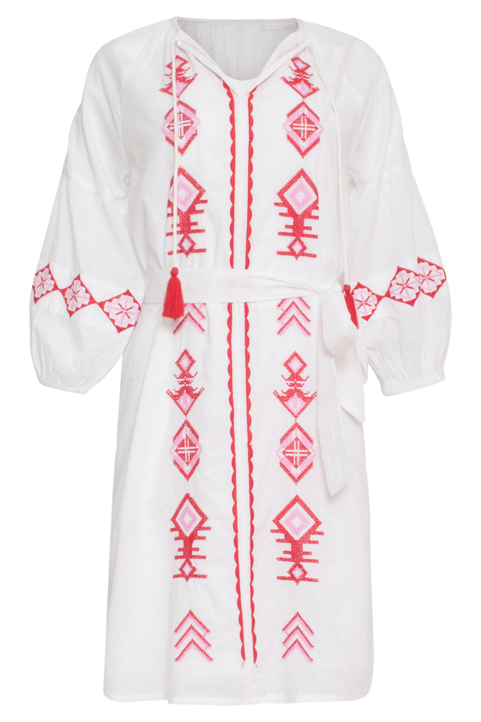 24124 Ademende Te Jurk Met Tribal Borduurwerk | White - Muticolour