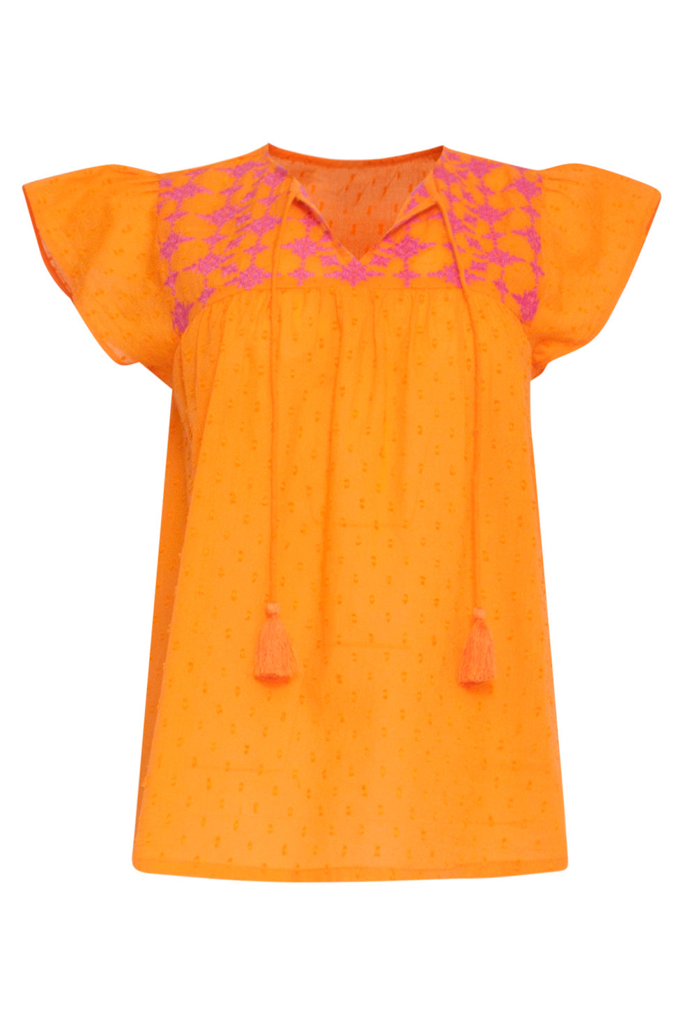 24127 Vrolijke Korte Mouwen Top | Orange - Fuchsia