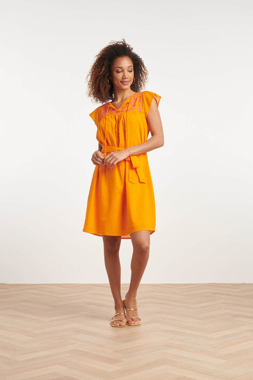 24128 Vrolijke Korte Mouwen Jurk | Orange - Fuchsia