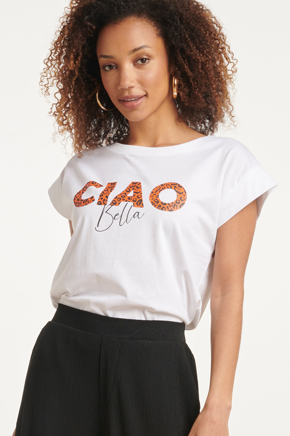 24173 Moderne Te Top Met Korte Mouwencheetah Print | White - Orange