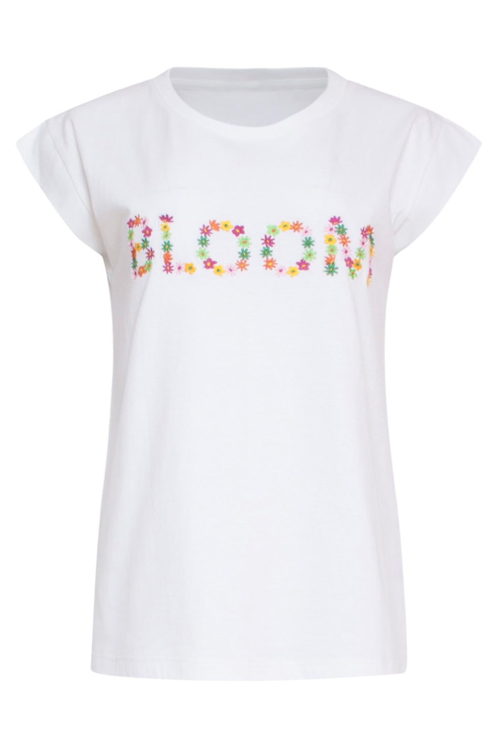24174 Moderne Te Top Met Korte Mouwenbloemenborduursel Bloom | White - Muticolour