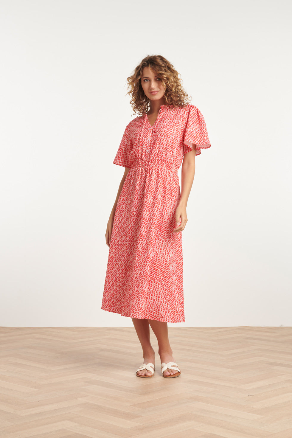 24177 Midi Jurk Met Knoopsluitingsmok | Red-White