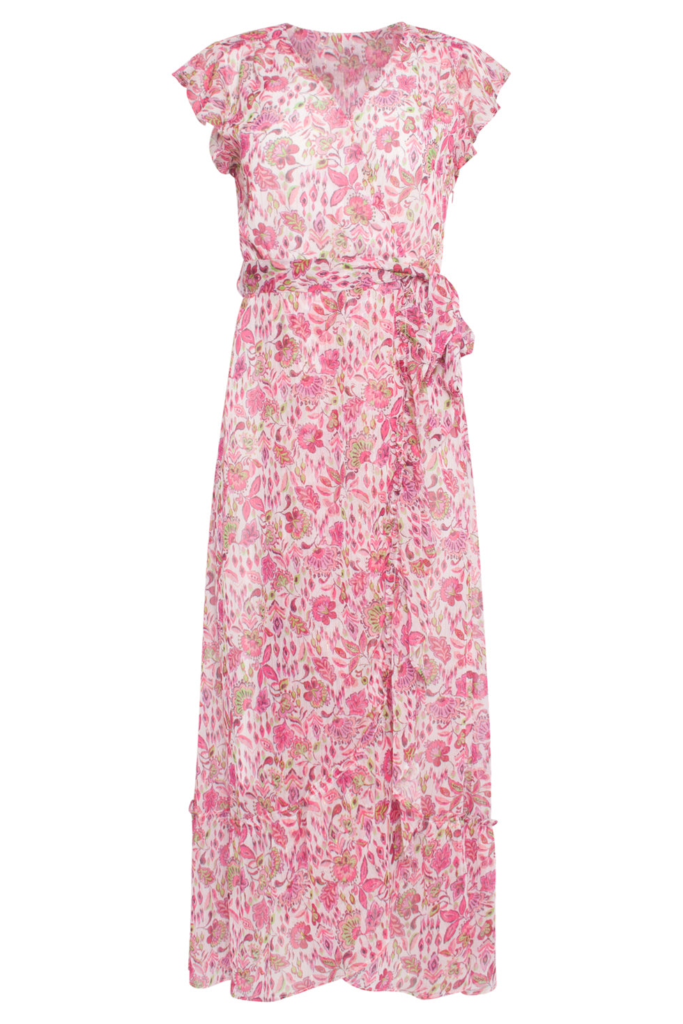 24307 Wikkelstijl Maxi Jurk Van Chiffon Met Fuchsia En Lime Groene Bloemenprint