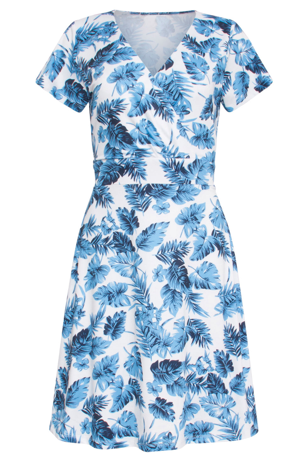 24310 Stretch Zomerjurkje - Verfrissend Bladerenpatroon | White - Blue