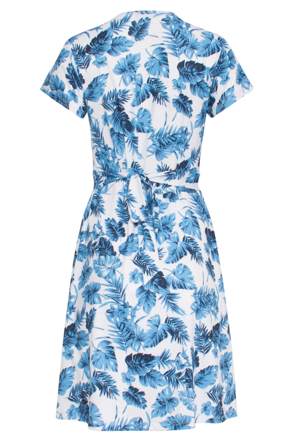 24310 Stretch Zomerjurkje - Verfrissend Bladerenpatroon | White - Blue