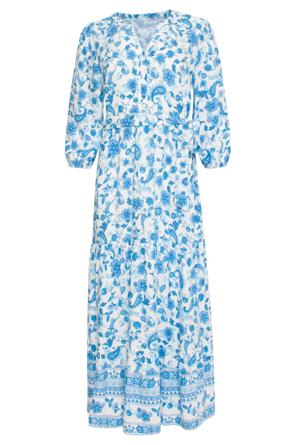 24314 Prachtige Bloemen Paisley Maxi Jurk | White - Blue