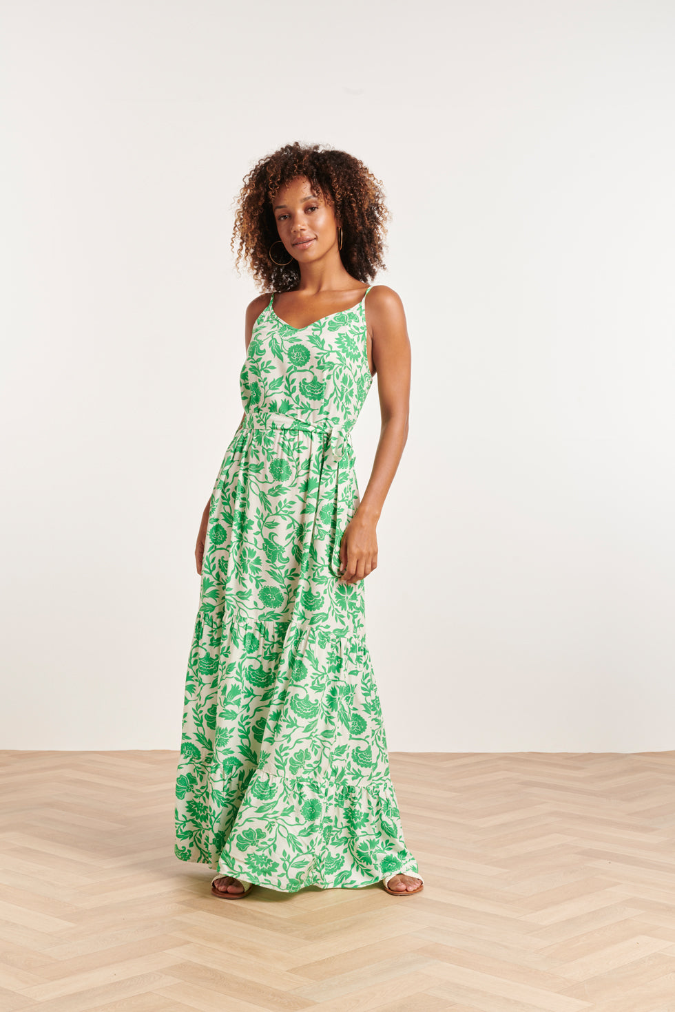 24318 Maxi Jurk Met Spaghettibandjes - Levendige Bloemen Print | White - Green