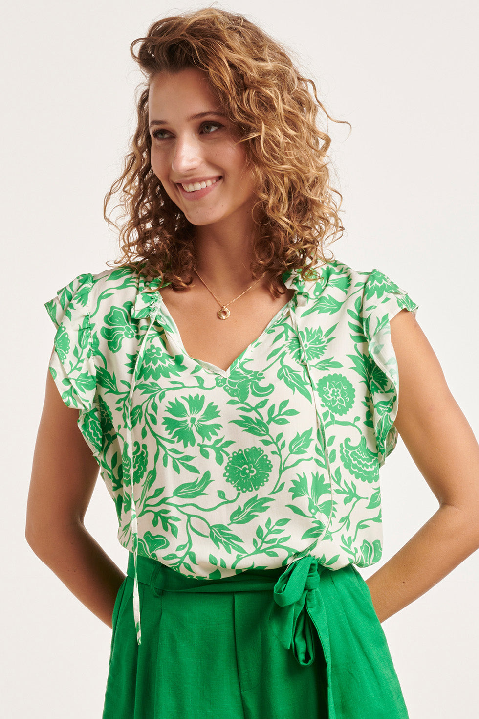 24319 Zomerse Levendige Bloemen Top | White - Green