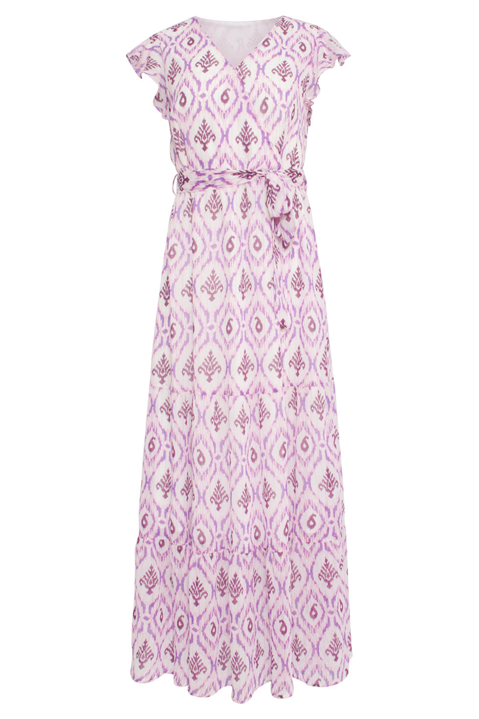 24324 Maxi Wikkelstijl Jurk Met Vrouwelijke Aztekenprint | White-Purple