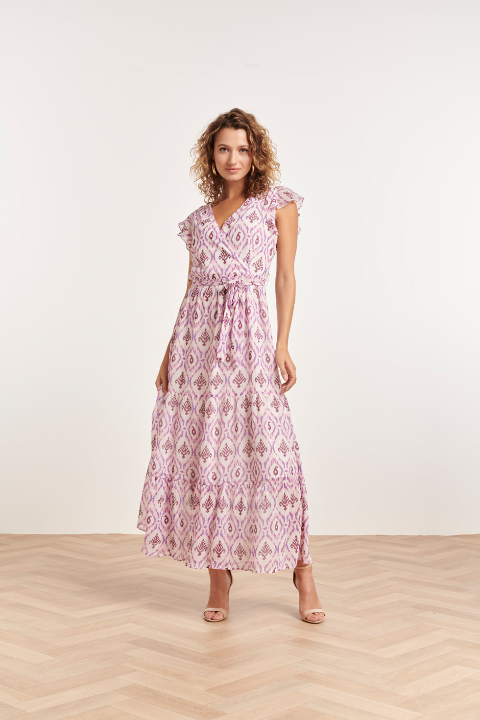 24324 Maxi Wikkelstijl Jurk Met Vrouwelijke Aztekenprint | White-Purple