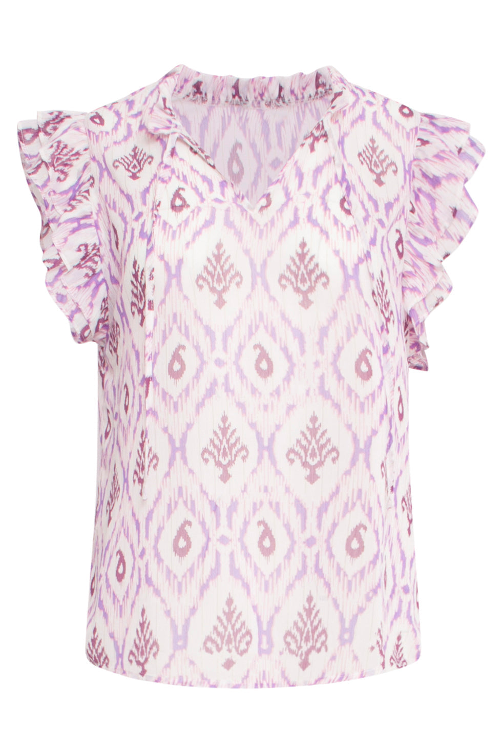 24325 Aztekenprint Top Met Dubbele Volantmouwen | White - Purple