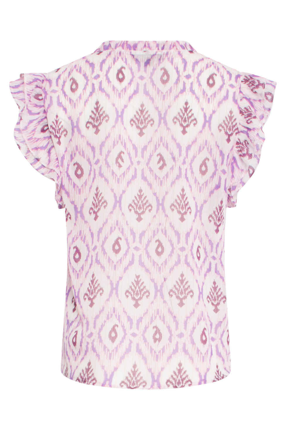 24325 Aztekenprint Top Met Dubbele Volantmouwen | White - Purple