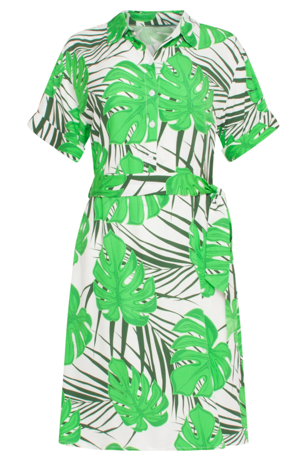 24331 Kort Blad Patroon Overhemd Jurk | White - Green
