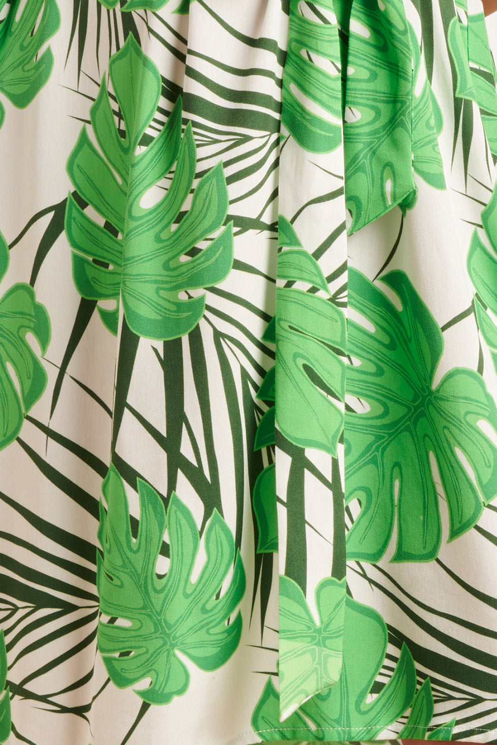 24331 Kort Blad Patroon Overhemd Jurk | White - Green