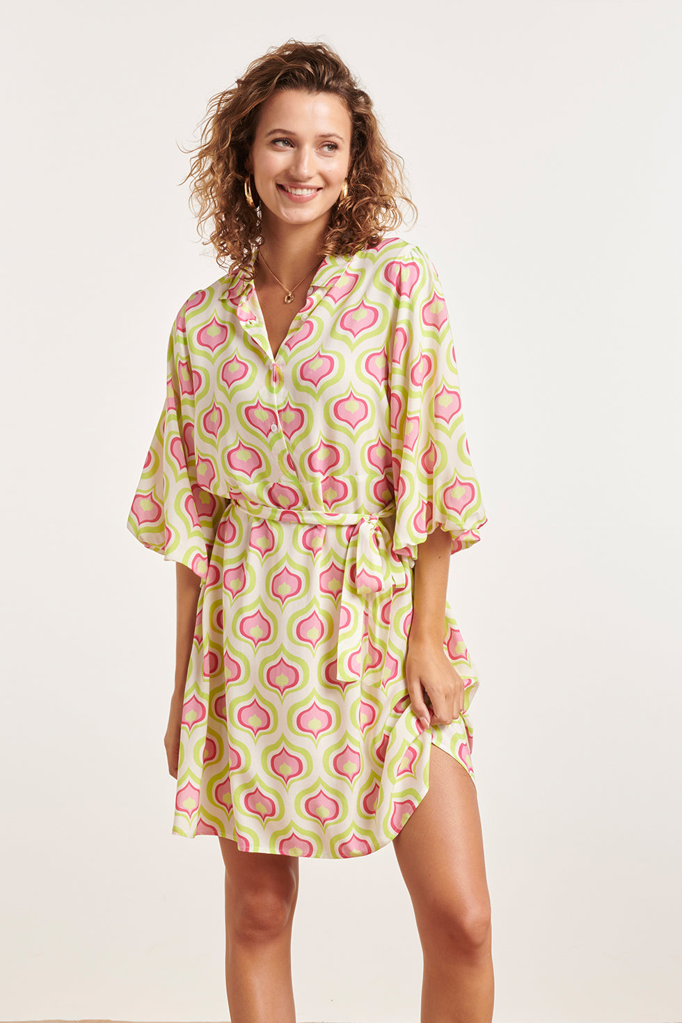 24335 Retro Bedrukt Kort Jurkje | White - Muticolour