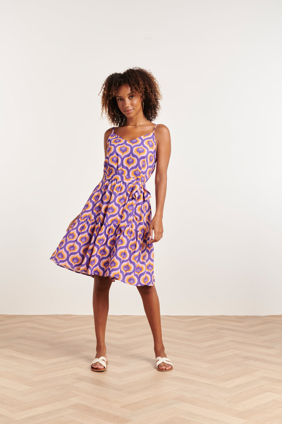24337 Retro Bedrukte Spaghettiband Jurk | Purple - Muticolour