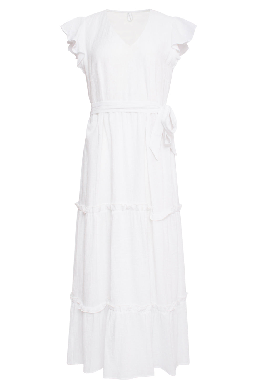 24358 Dames Witte Maxi Jurk Met Korte Ruffle Mouwen