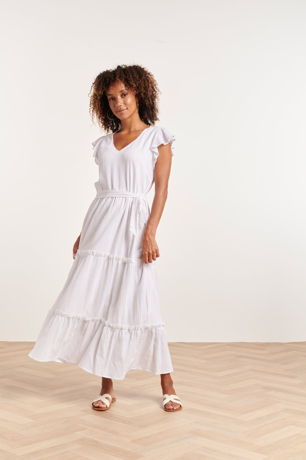 24358 Dames Te Maxi Jurk Met Korte Ruffle Mouwen White