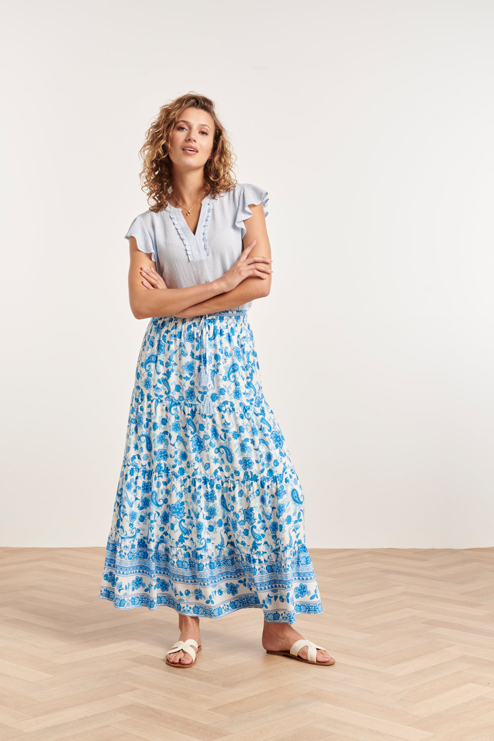 24359 Dames Korte Ruffle Mouw Baby Top | Light Blue