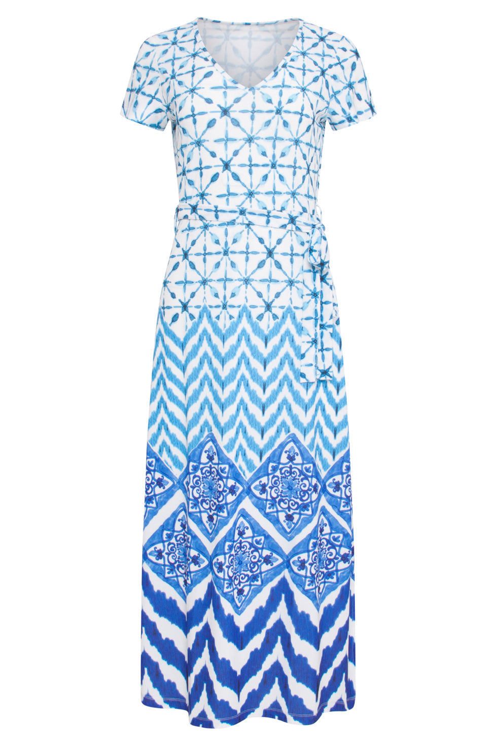 24360 Dames Maxi Te Jurk Met Ornamentaal Print | Off White-Blue