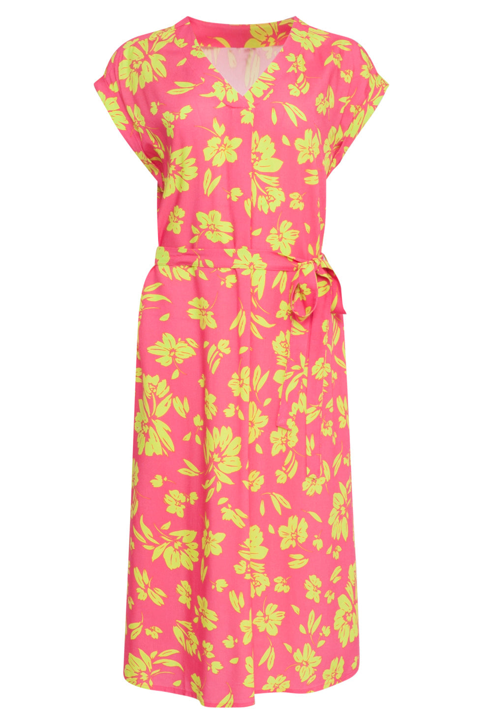 24371 Dames Fuchsia Jurk Met Allover Lime Bloemenprint