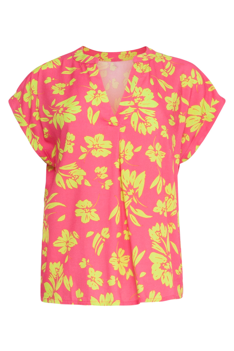 24372 Dames Fuchsia Top Met Allover Lime Bloemenprint | Lime - Pink