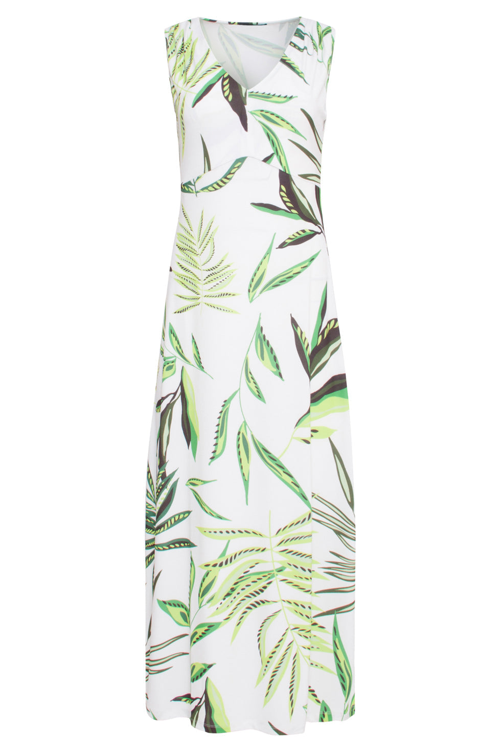 24373 Dames Maxi Jurk Zonder Mouwenallover Bladeren Print | Green - Off White