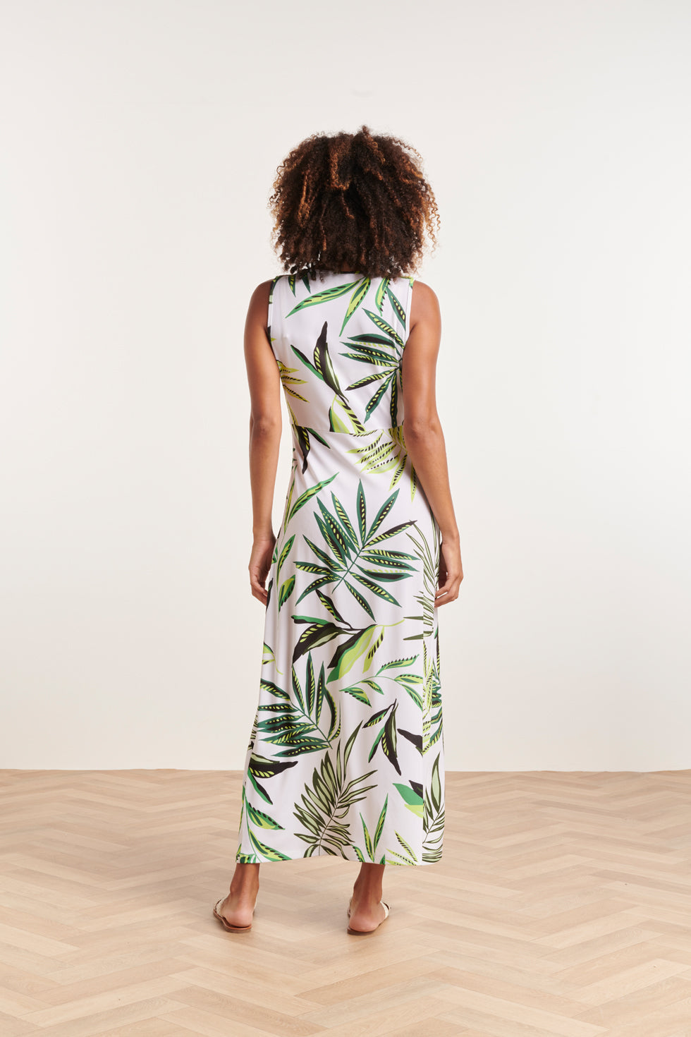 24373 Dames Maxi Jurk Zonder Mouwenallover Bladeren Print | Green - Off White