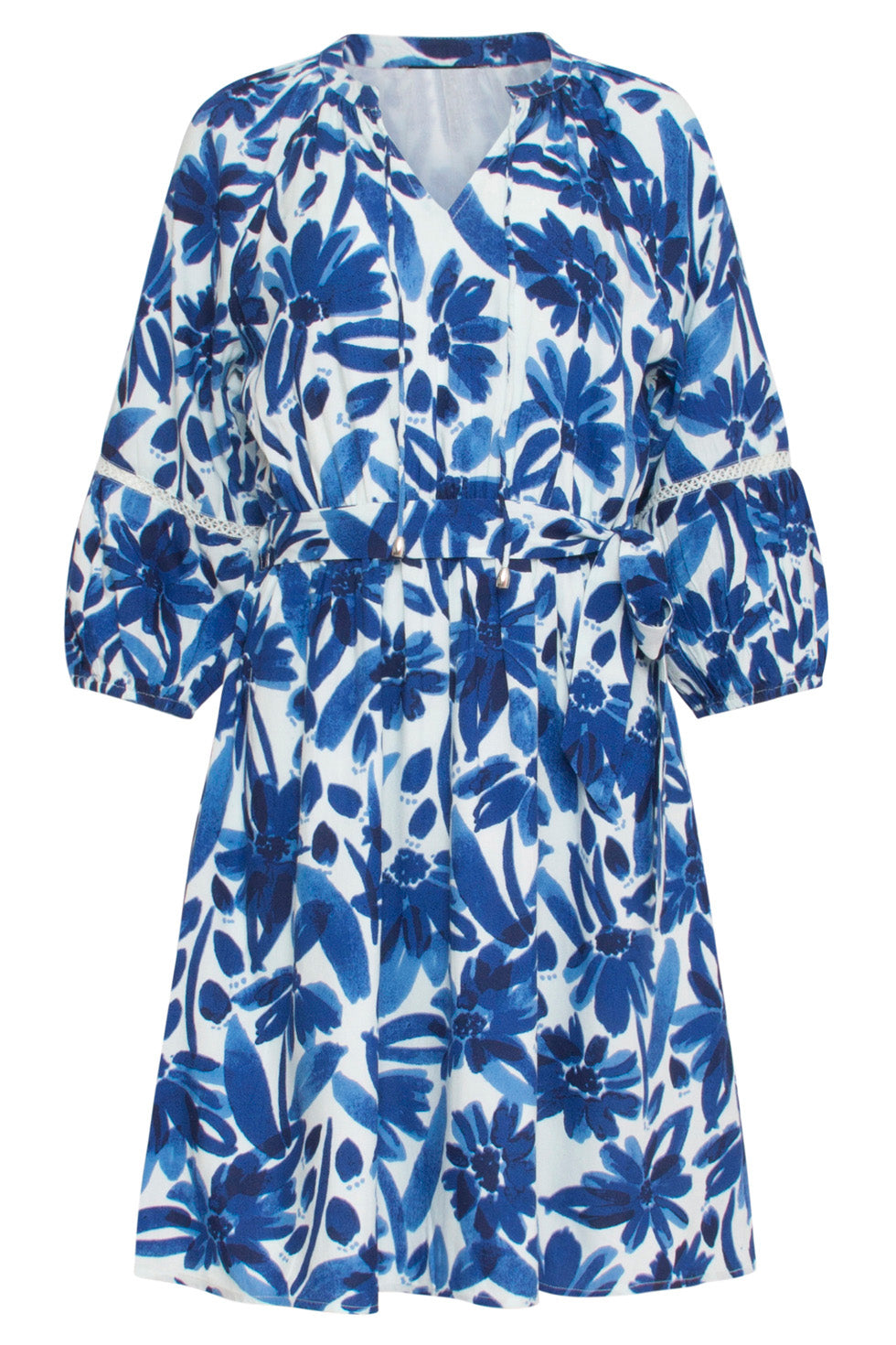 24377 Dames Jurk Met Bloemenprintcrochet Detail | White-Blue