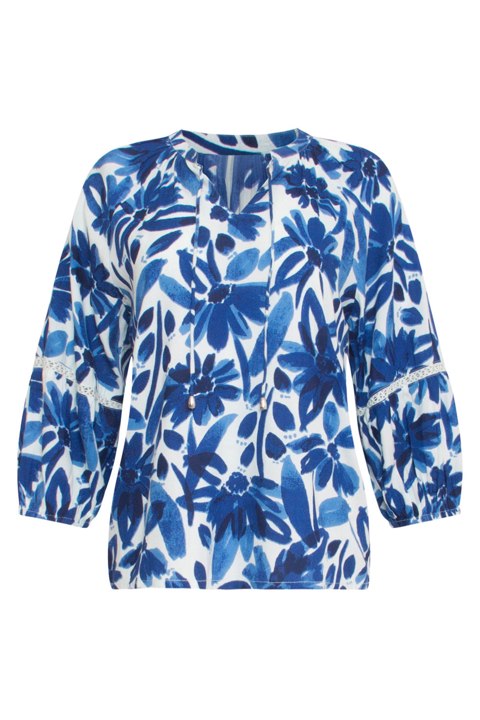 24378 Dames Top Met Bloemenprintcrochet Detail | White - Blue