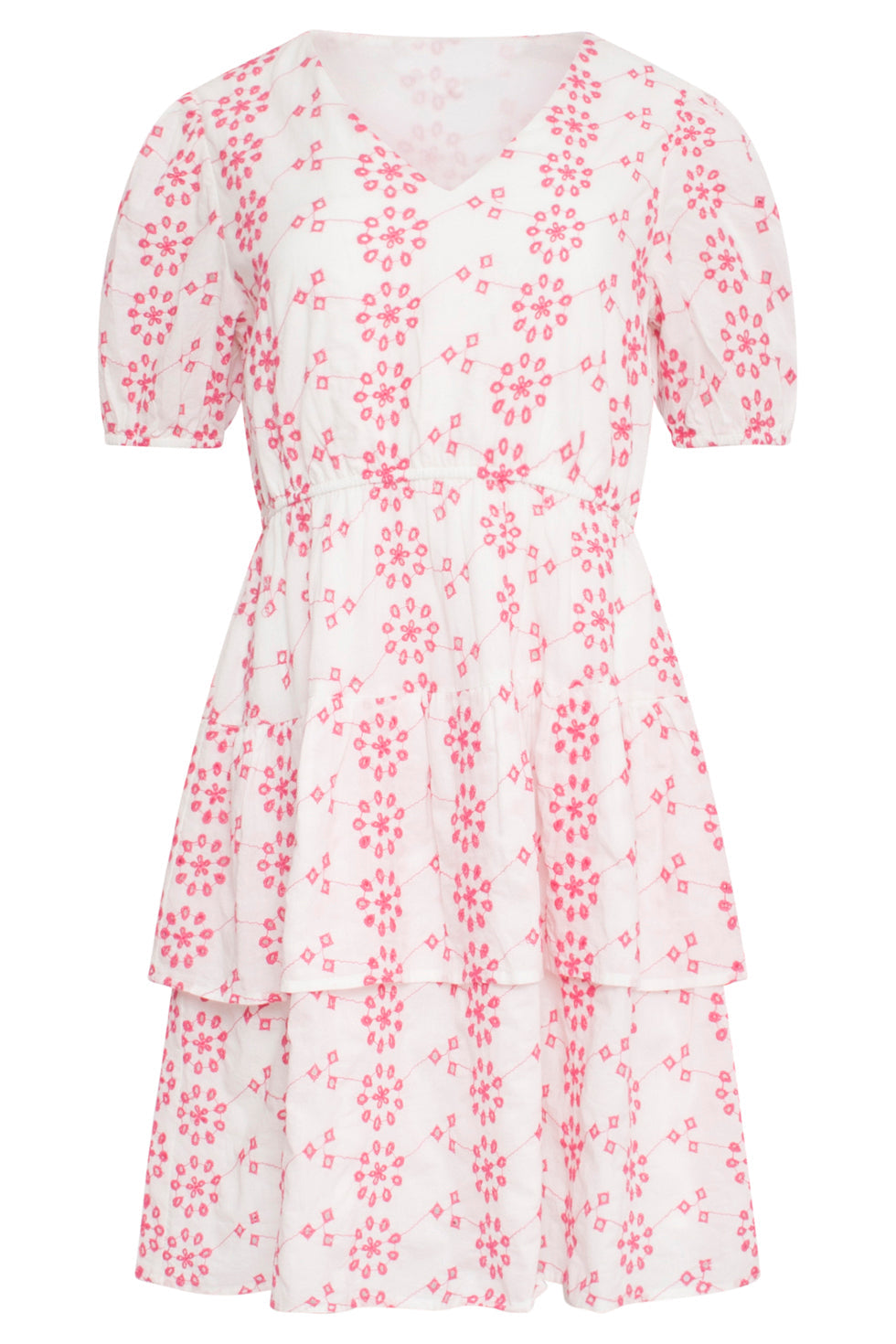 24379 Dames Jurk Met Brie Anglaisfel | White - Fuchsia