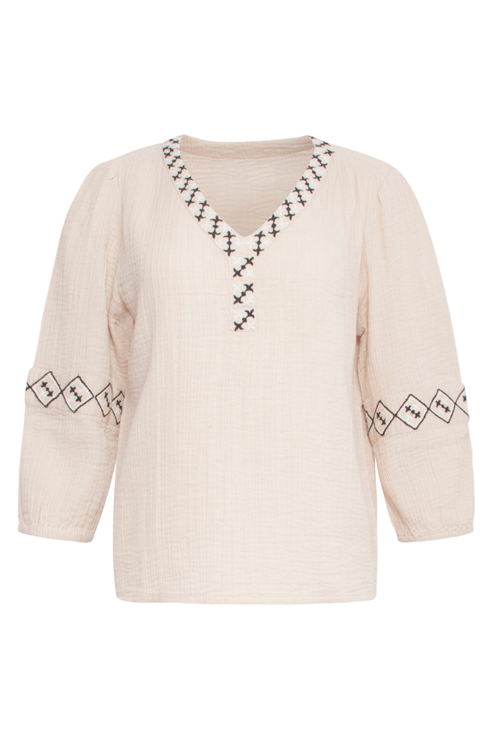 24382 Dames Top Met Driekwart Mouwenazteekse Borduursels | Sand - Black
