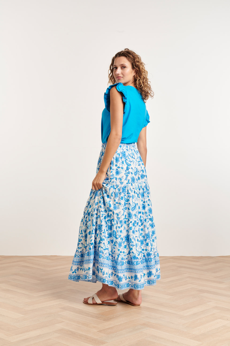 24384 Dames T-Shirt Met Korte Mouwendubbele Ruches | Light Blue