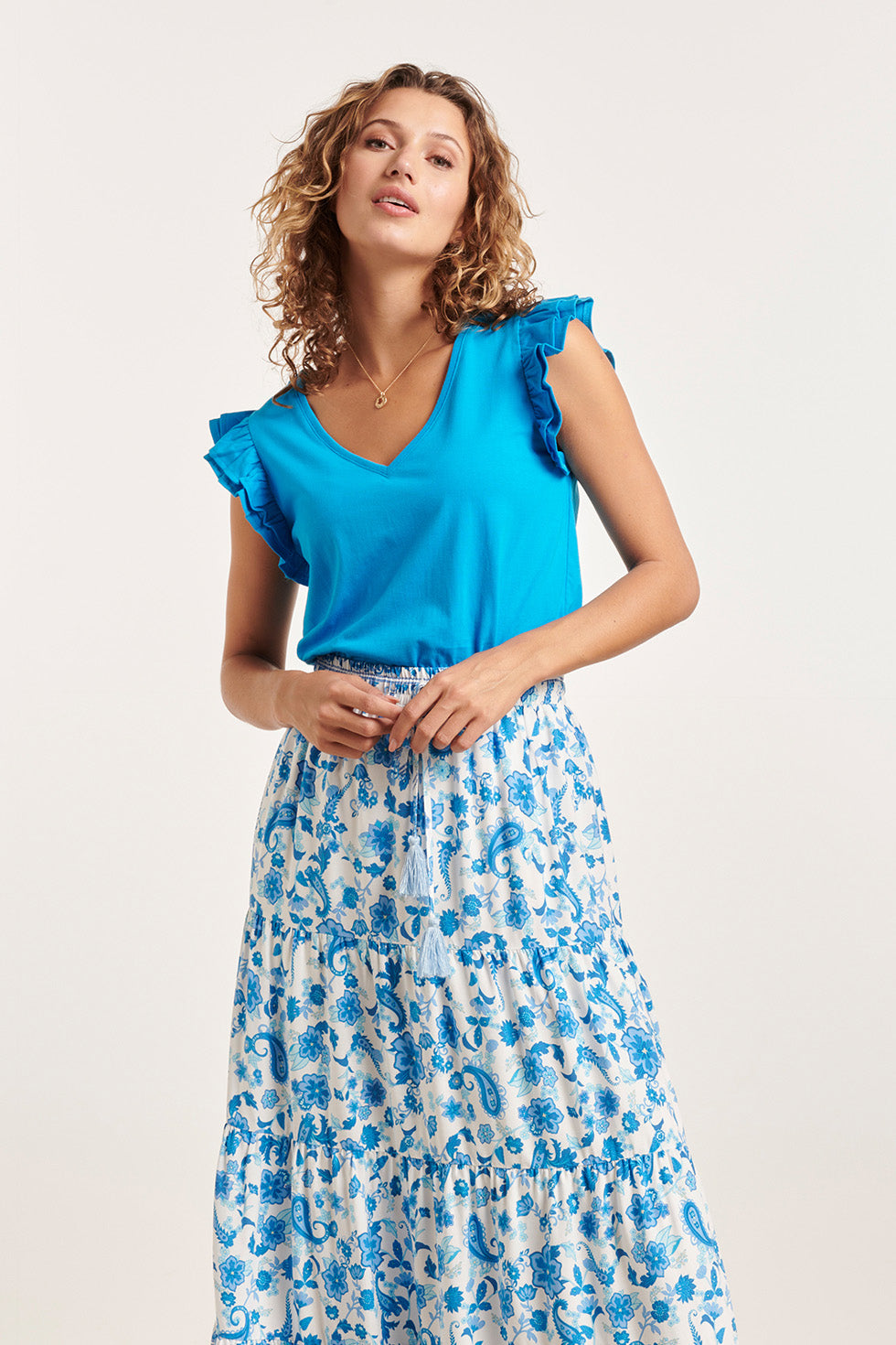 24384 Dames T-Shirt Met Korte Mouwendubbele Ruches | Light Blue